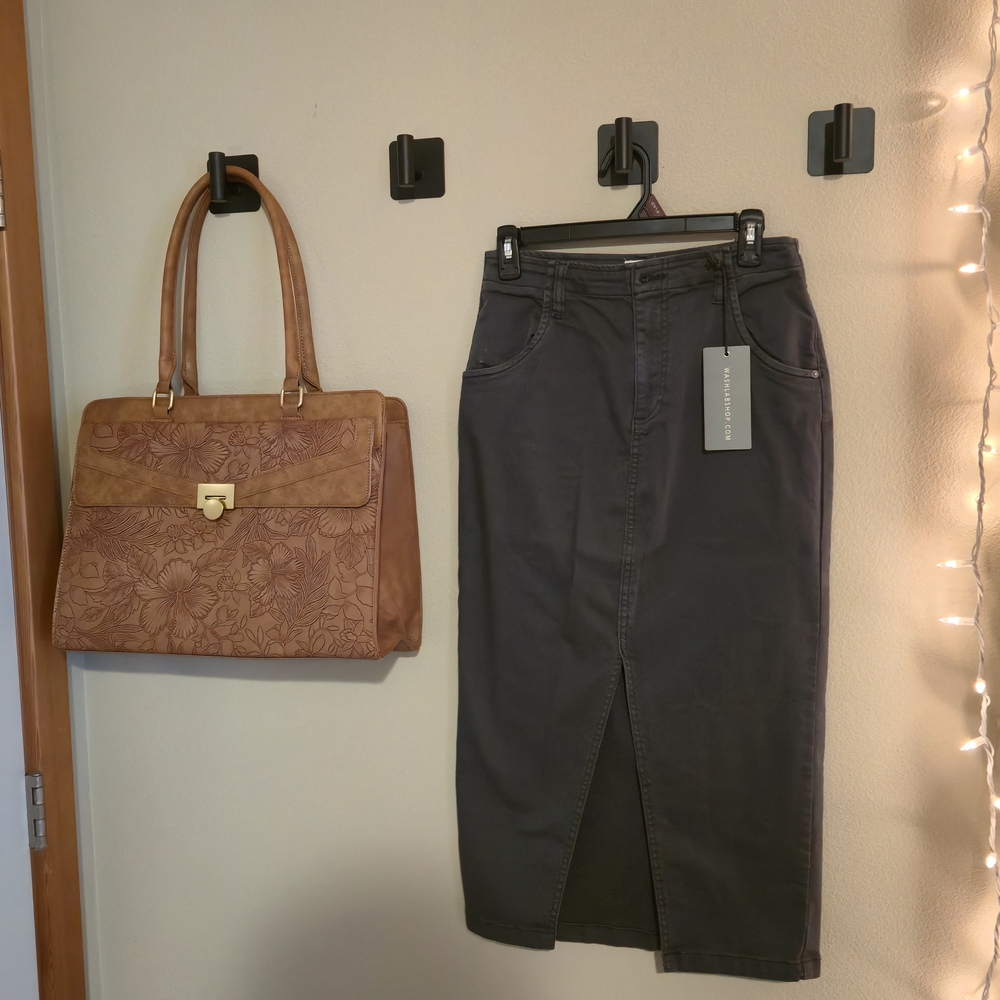Dark Olive Green Denim Maxi Skirt